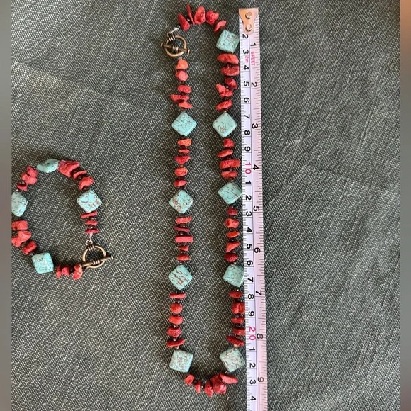 Handmade Red Coral and Turquoise Stone Beaded Necklace and Bracelet Set - Picture 3 of 5